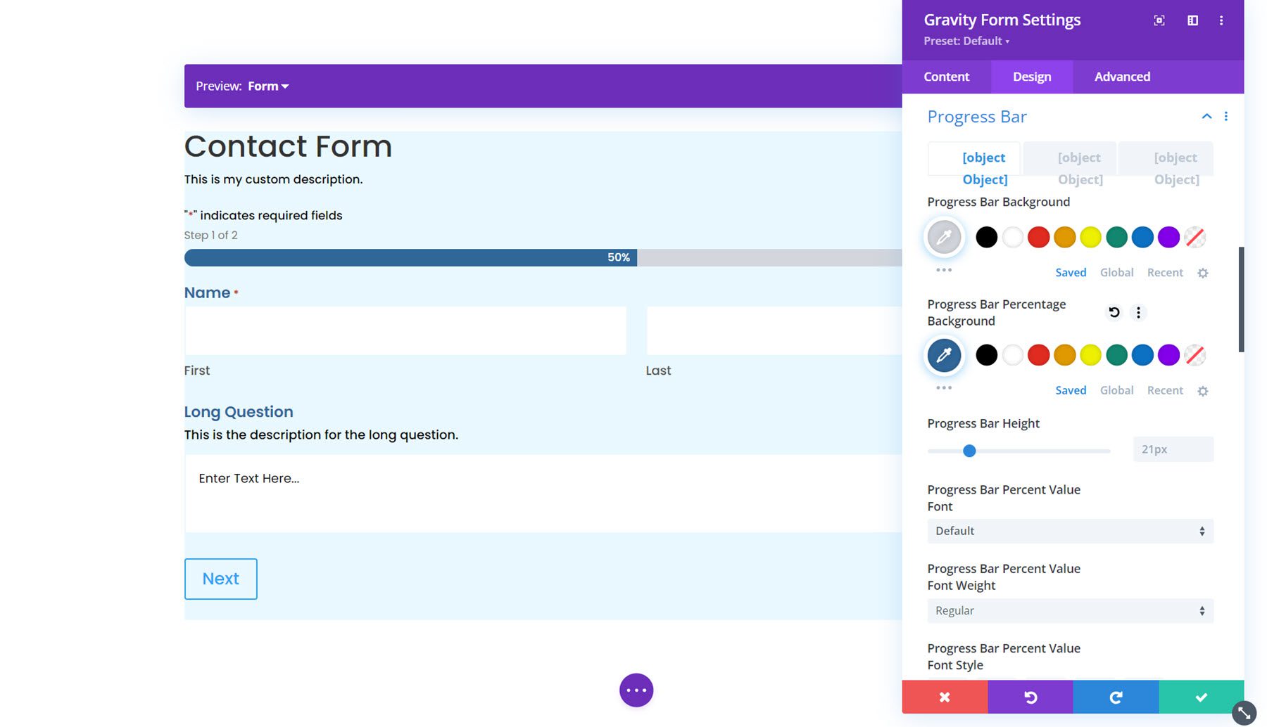 Modul Gravity Forms Styler untuk Divi Progress Bar