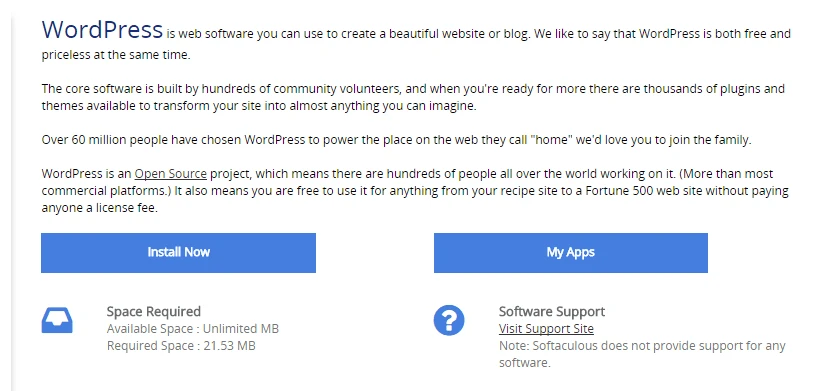 Die WordPress-Installationsoption unter Softaculous.