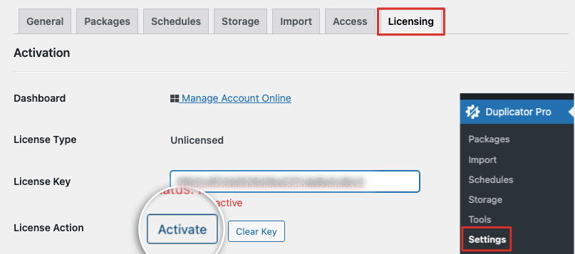 Ajouter une licence dans Duplicator