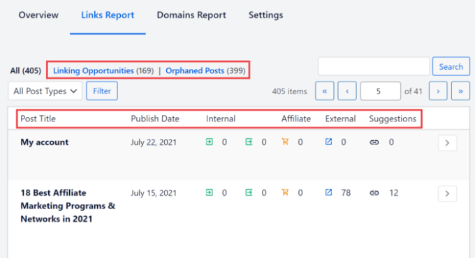 Laporan tautan di All in One SEO Links reports in All in One SEO