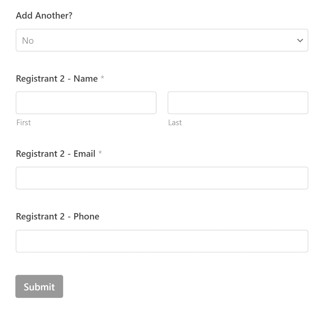 Fields below dropdown repeater form