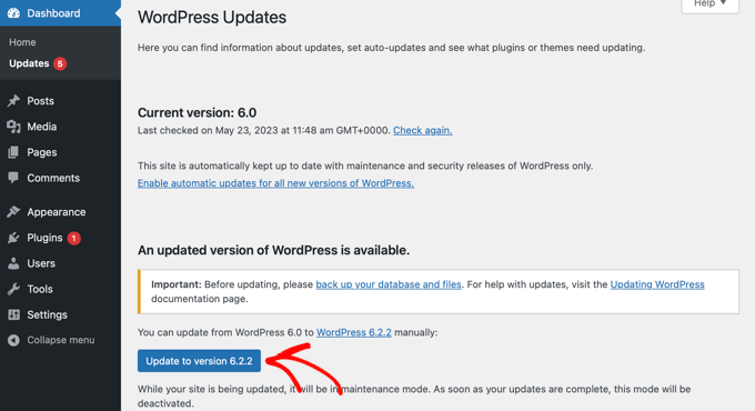 대시보드에서 WordPress Core 업데이트 Updating WordPress Core From the Dashboard