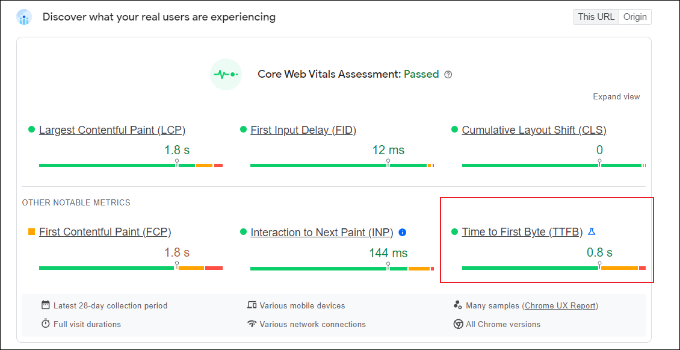 첫 번째 바이트 점수까지의 시간 보기 View time to first byte score