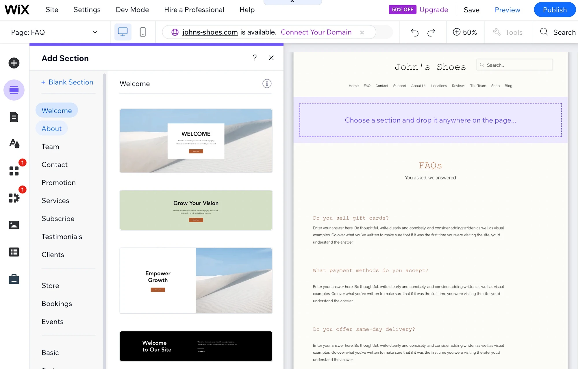 在我们的 Wix ADI 评论中添加部分和页面。