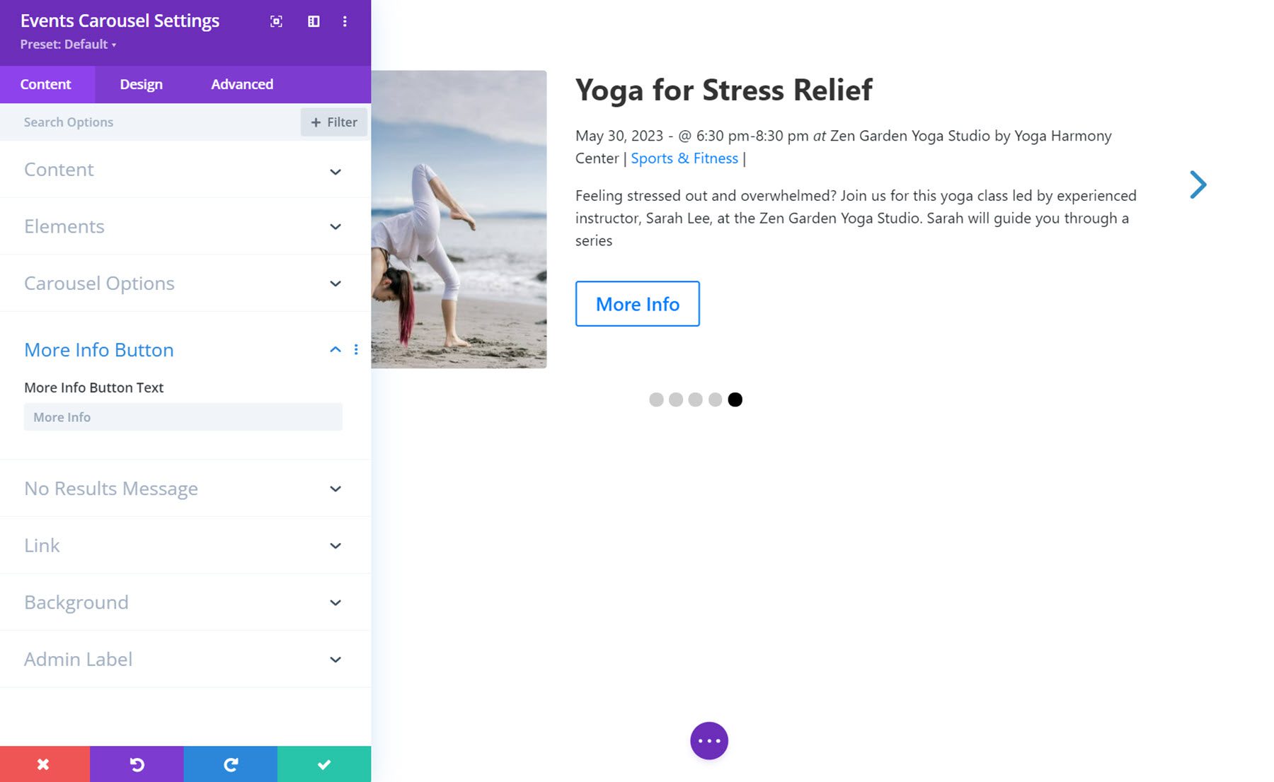 Календарь событий Divi Карусель Дополнительная информация