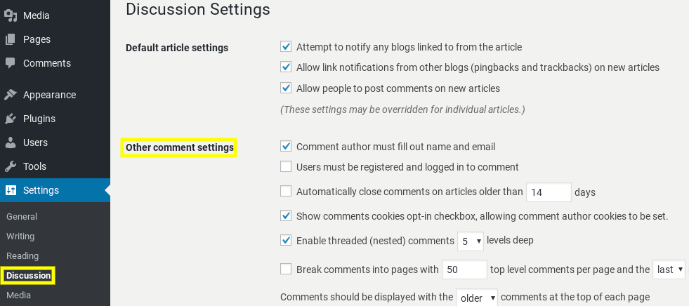 WordPress 仪表板中的讨论设置。