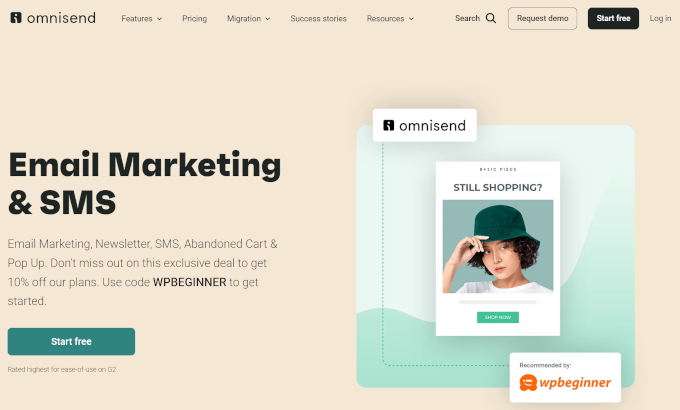 Página de inicio de Omnisend WPBeginner Omnisend WPBeginner landing page