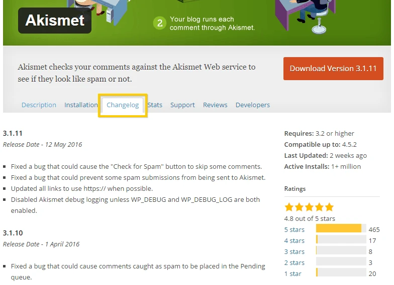 Melihat log perubahan untuk plugin Akismet WordPress