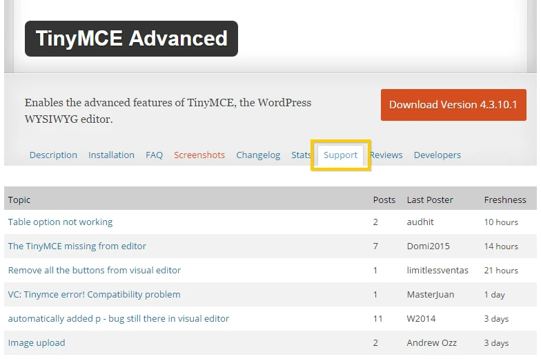Melihat forum dukungan Plugin TinyMCE WordPress