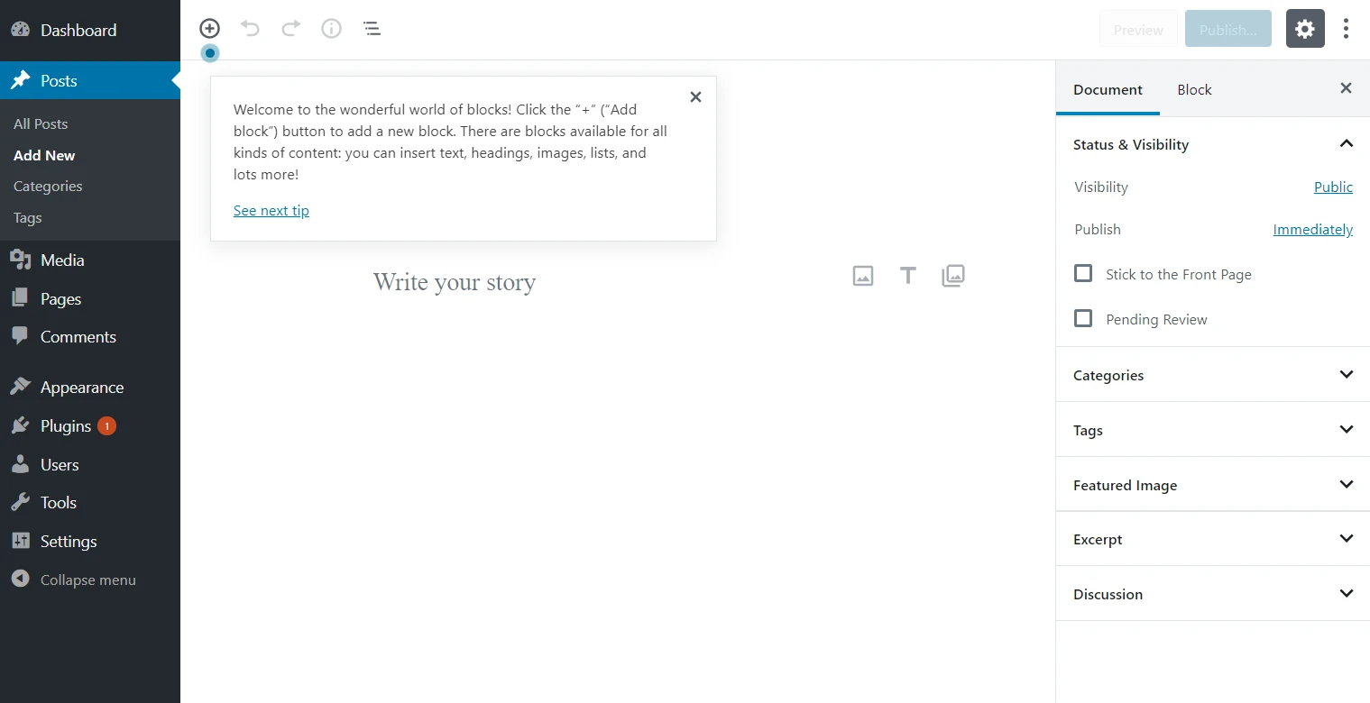 Interfaccia utente di WordPress per siti di blog gratuiti