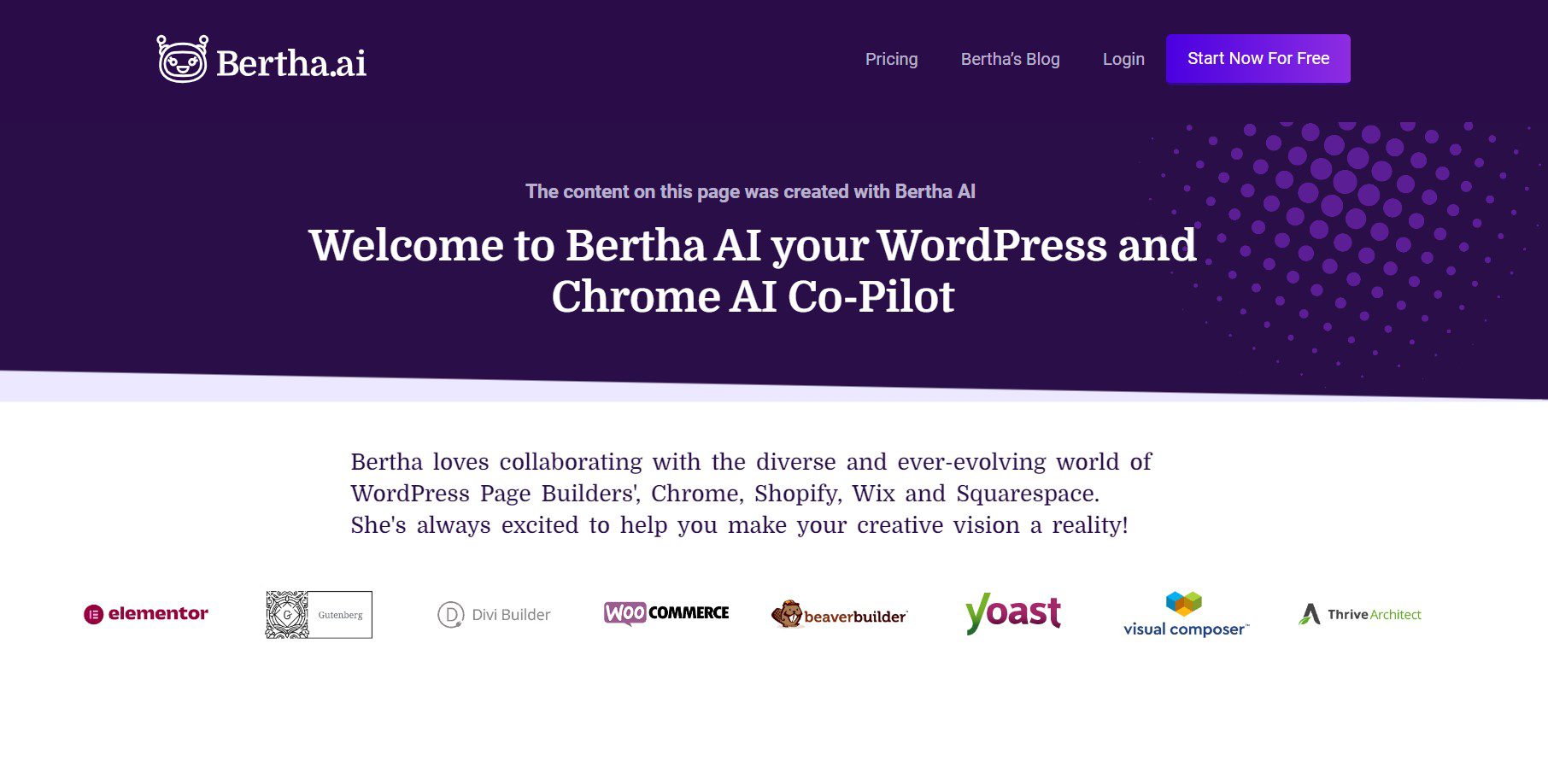 นักเขียนเนื้อหา WordPress ที่ดีที่สุด - ส่วนฮีโร่ Bertha AI
