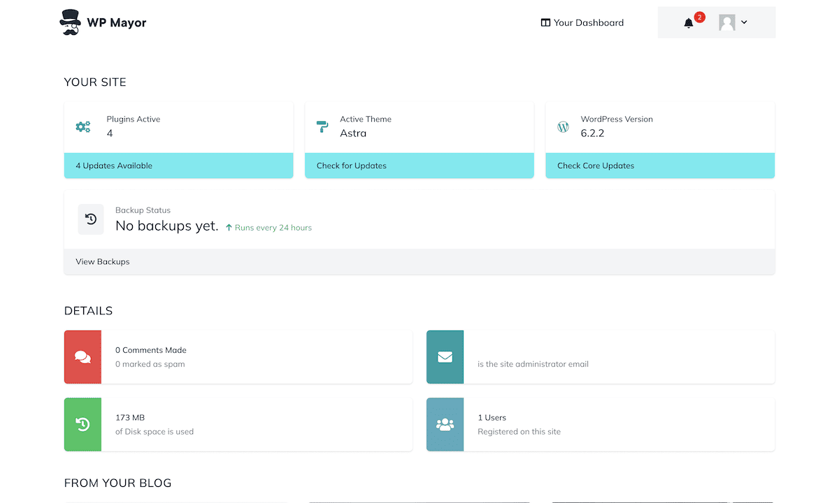 Il dashboard per un sito cliente specifico.