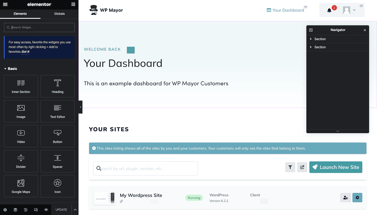 Modifica di una pagina della dashboard del cliente in WordPress utilizzando Elementor.