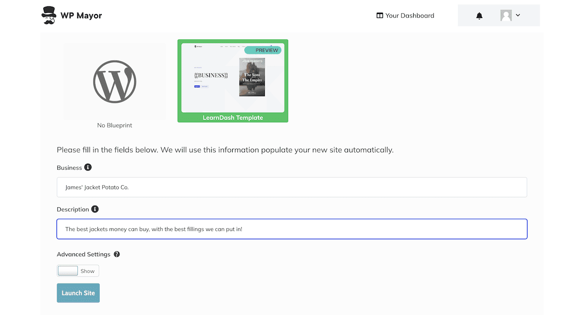 La procedura guidata di onboarding del sito del cliente, che mostra come impostare un modello e aggiungere un nome aziendale.