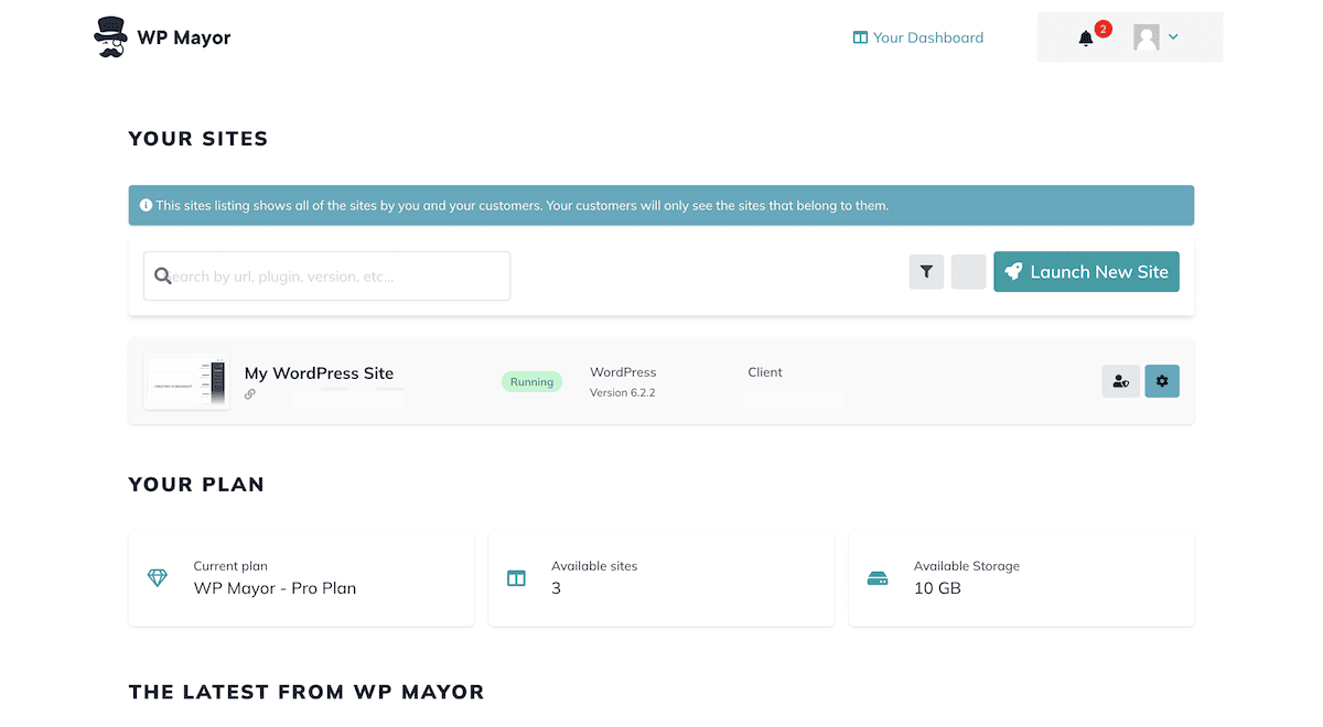 Il dashboard del client front-end creato in Dollie's Hub Builder.