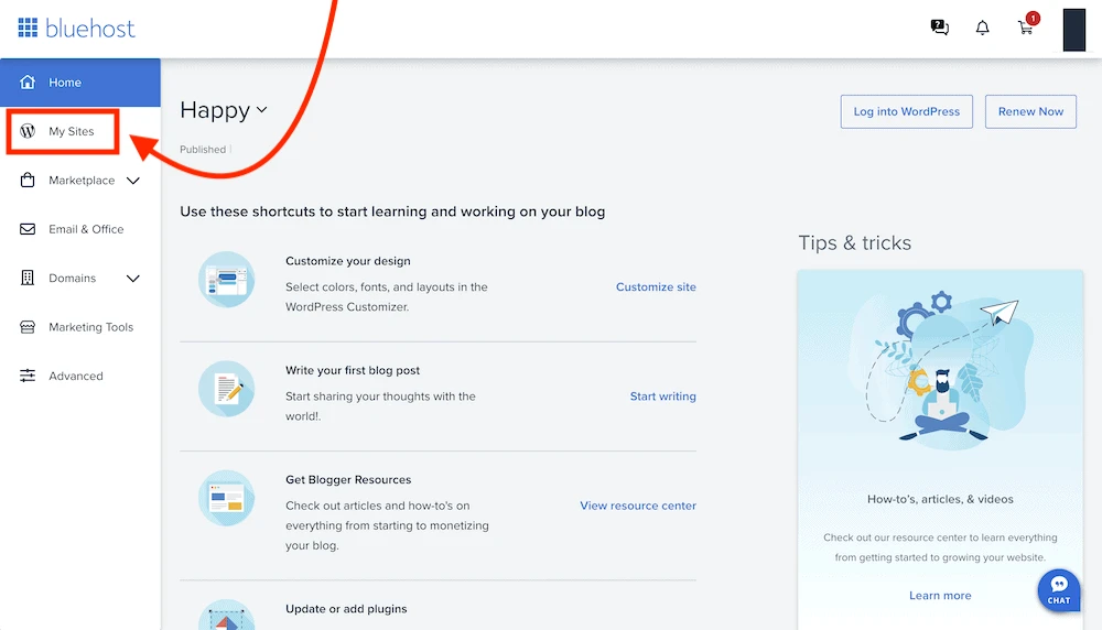 BlueHost 대시보드 | 내 사이트.