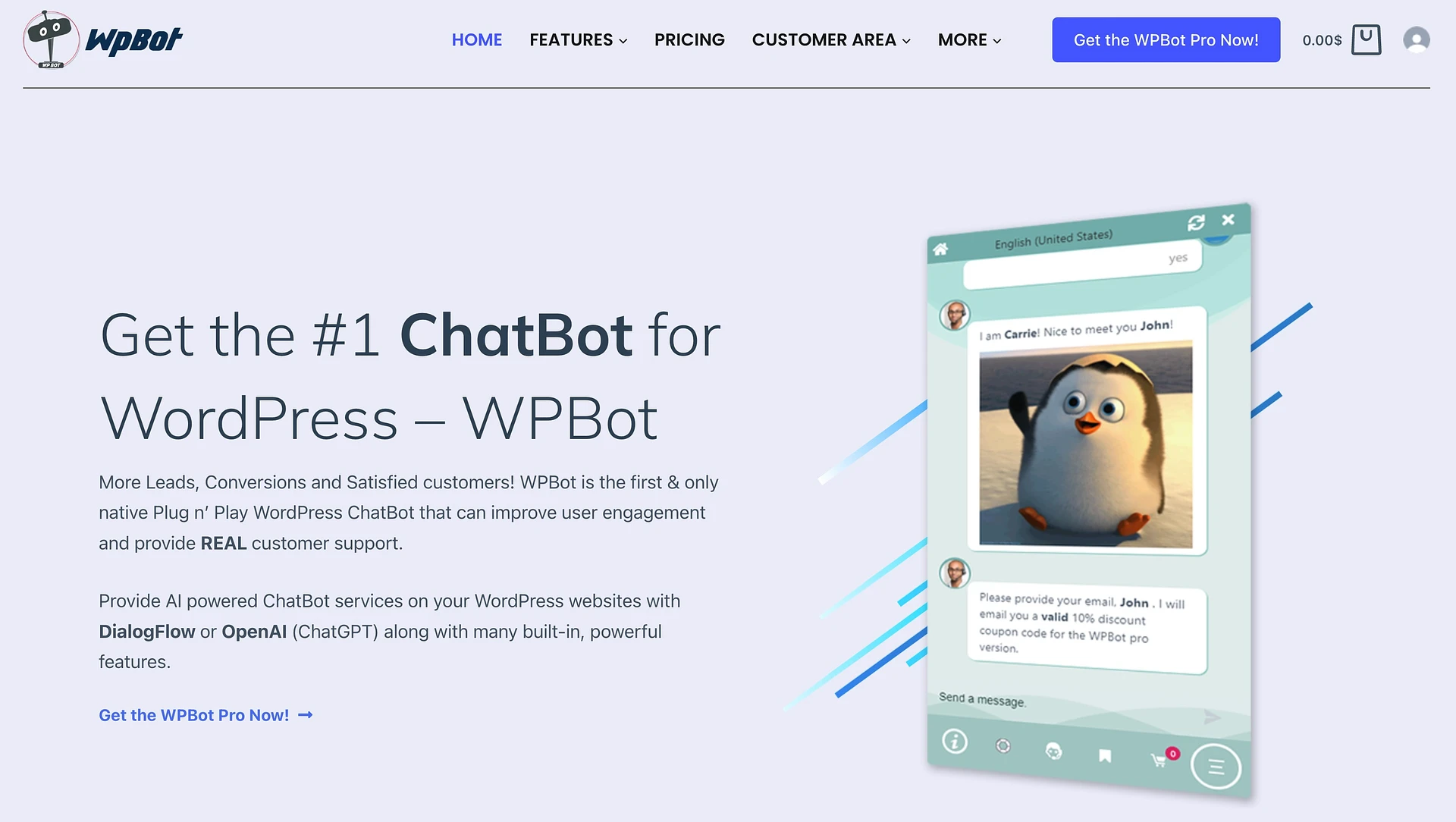 WPBot 是一个聊天机器人插件,可与 OpenAI 和 Google 的 DialogFlow 集成。