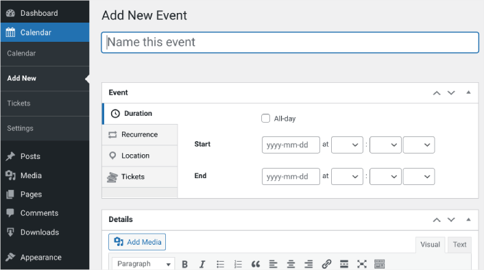 Crear evento en Sugar Calendar