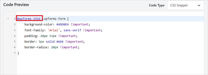 Agregue el número de identificación del formulario en el fragmento de código Add form ID number in the code snippet