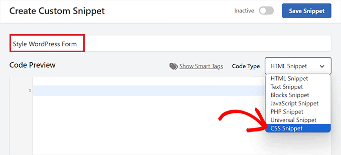 Elija la opción de fragmento CSS en el menú desplegable Choose CSS snippet option from the dropdown menu