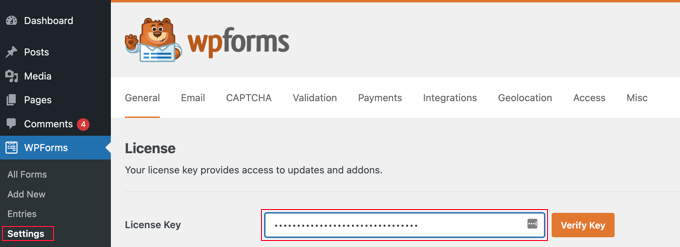 Ingresando la clave de licencia de WPForms Entering the WPForms license key
