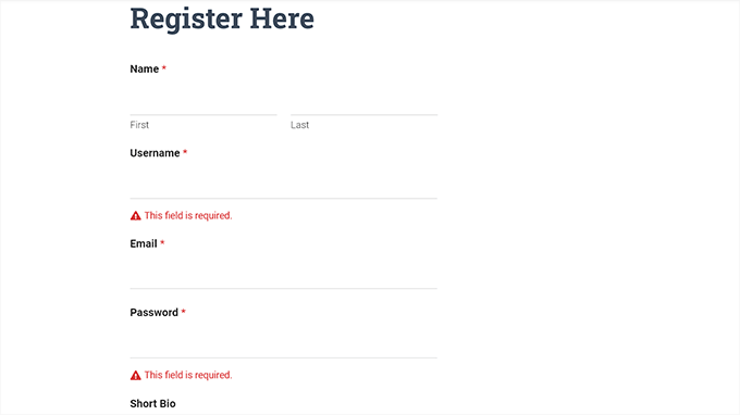 Vista previa del formulario de registro Registration form preview