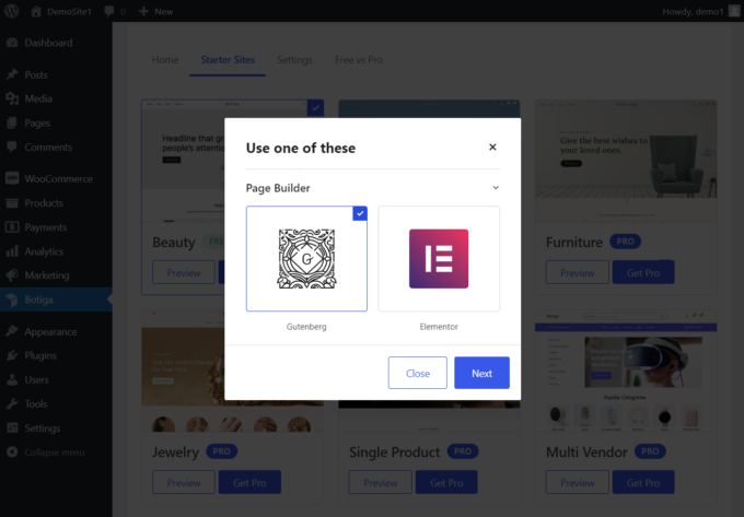 Botiga의 데모 임포터, Gutenberg 대 Elementor 옵션
