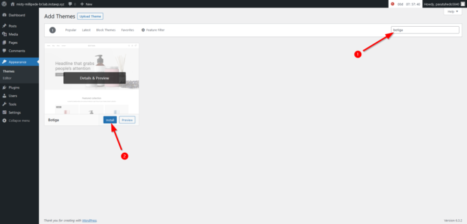 Botiga 테마를 표시하는 WordPress 관리 영역의 테마 추가 화면
