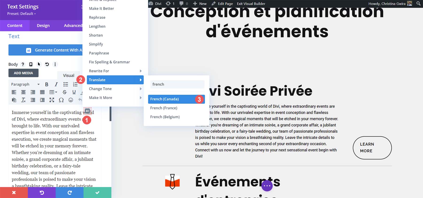 แปลข้อความที่สร้างโดย AI ด้วย Divi AI