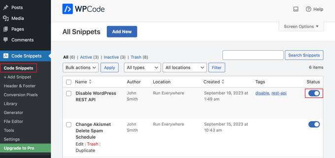 Deaktivieren eines Code-Snippets in WPCode Deactivating a Code Snippet in WPCode