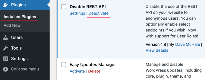 Deaktivieren eines WordPress-Plugins Deactivating a WordPress Plugin