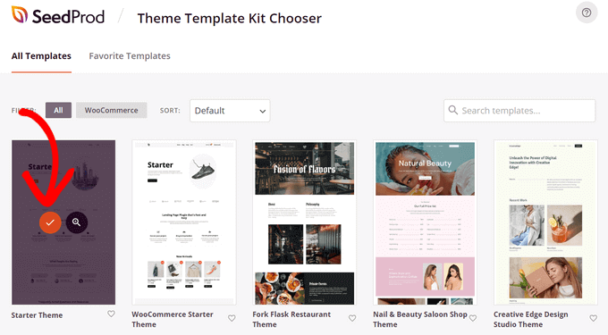 Wählen Sie die Website-Kit-Vorlage von SeedProd Choose SeedProd website kit template