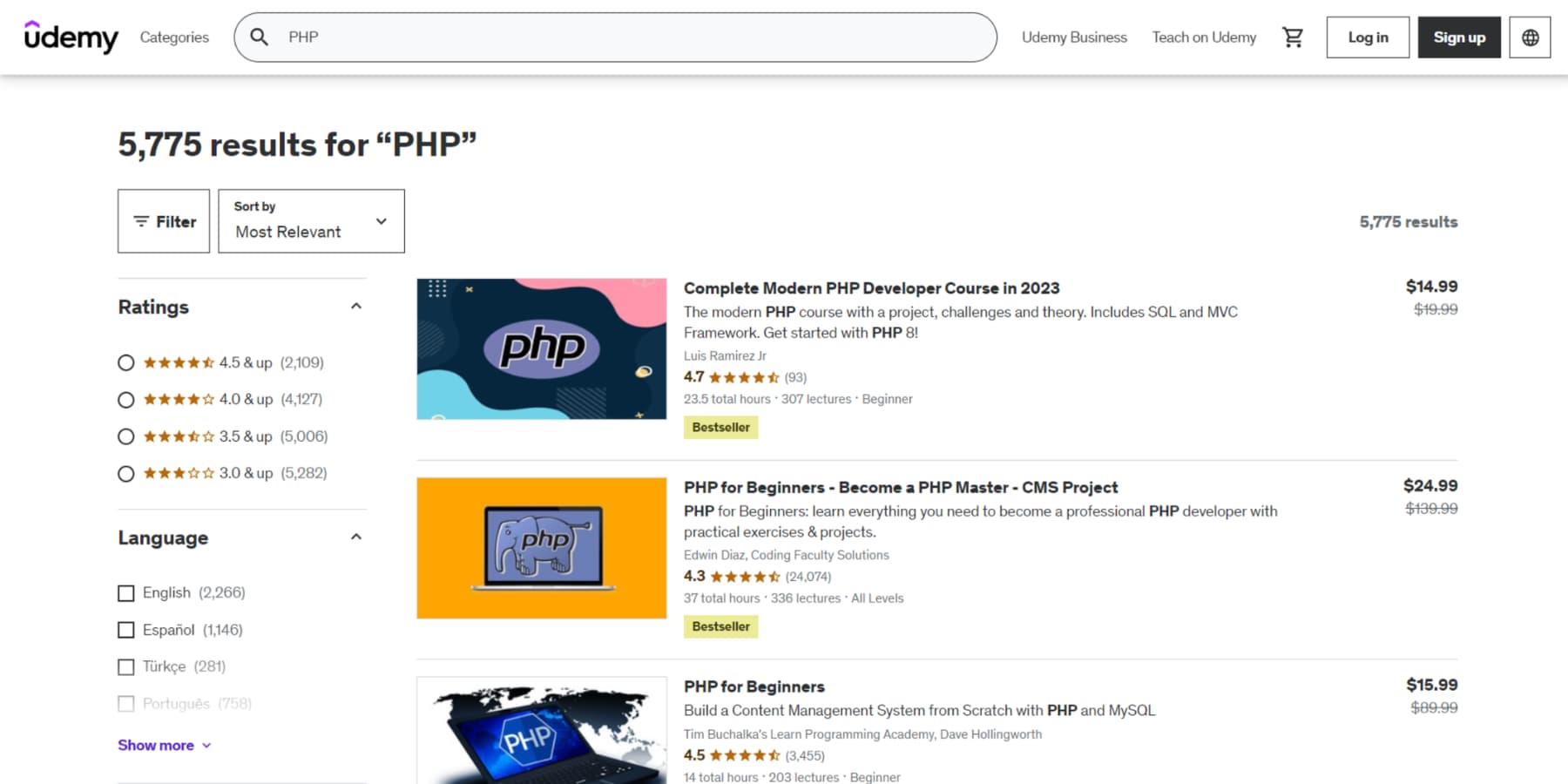 O captură de ecran a cursurilor Udemy pe PHP