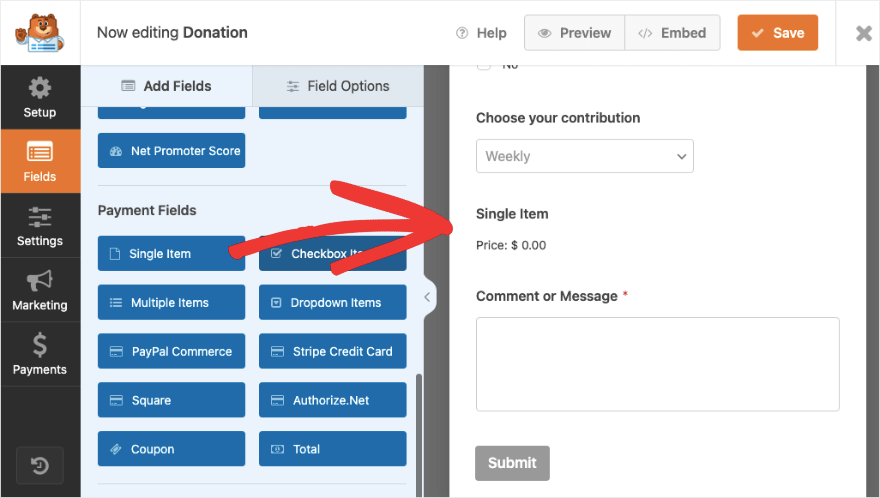 Aggiungi un singolo elemento a WPForms