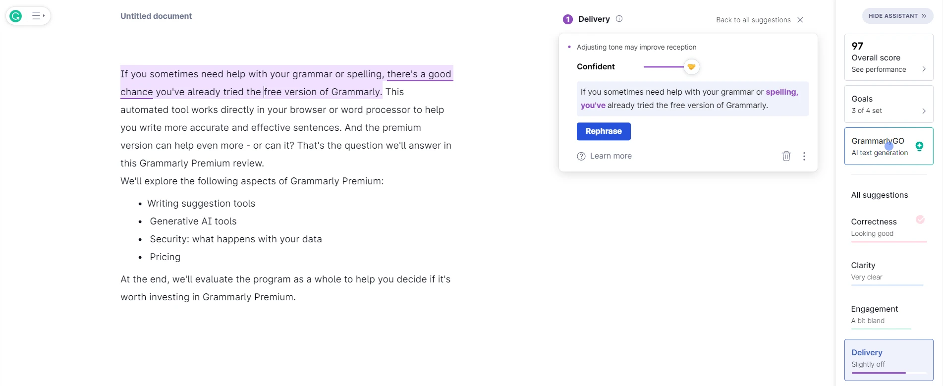 Sugerencia de entrega GrammarlyGO para hacer que una oración sea más segura.
