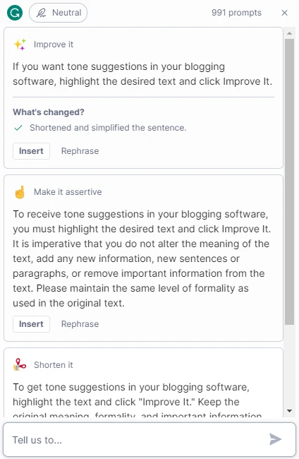 Mejoras en Grammarly Premium + sugerencias de tono para "Hacerlo asertivo" y "Acortarlo", utilizando extractos de "¿Vale la pena Grammarly Premium?".