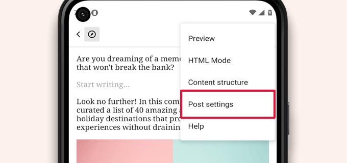 Ustawienia publikowania w mobilnym WordPressie Post settings in WordPress mobile