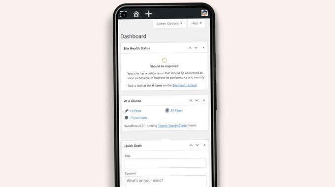 Obszar administracyjny WordPress w przeglądarce mobilnej WordPress admin area in a mobile browser