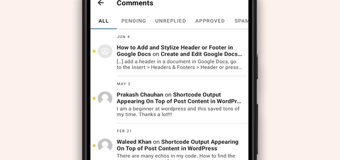 Lista komentarzy w aplikacji WordPress Comments list in WordPress app