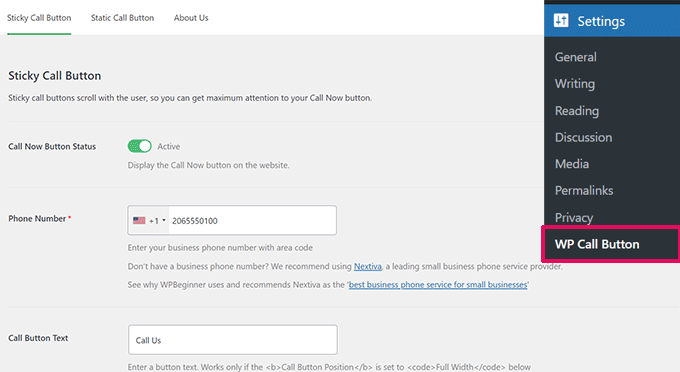 WP 통화 버튼 설정 WP Call Button settings