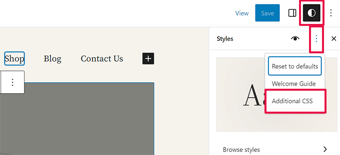 사이트 편집기에서 추가 CSS 열기 Opening additional CSS in site editor