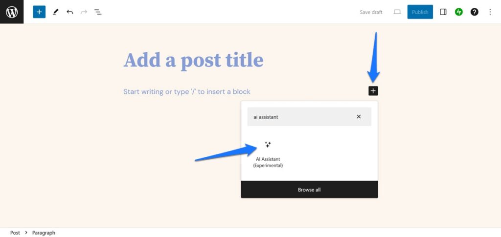 aggiungi il blocco rapido dell'assistente jetpack ai all'editor di wordpress