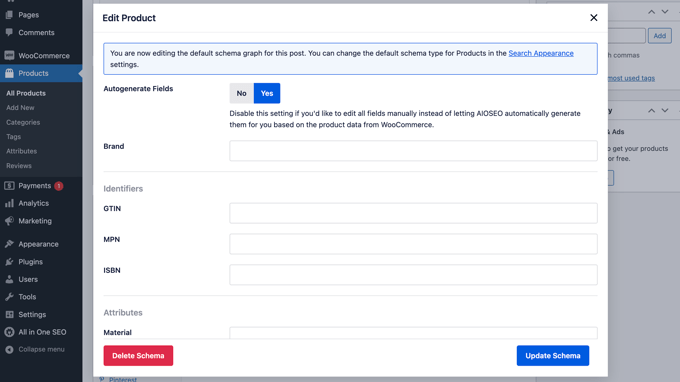 Edit skema produk di All in One SEO Edit product schema in All in One SEO