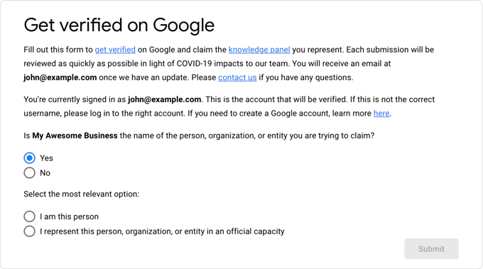 Halaman 'Dapatkan Terverifikasi di Google' The 'Get Verified on Google' Page