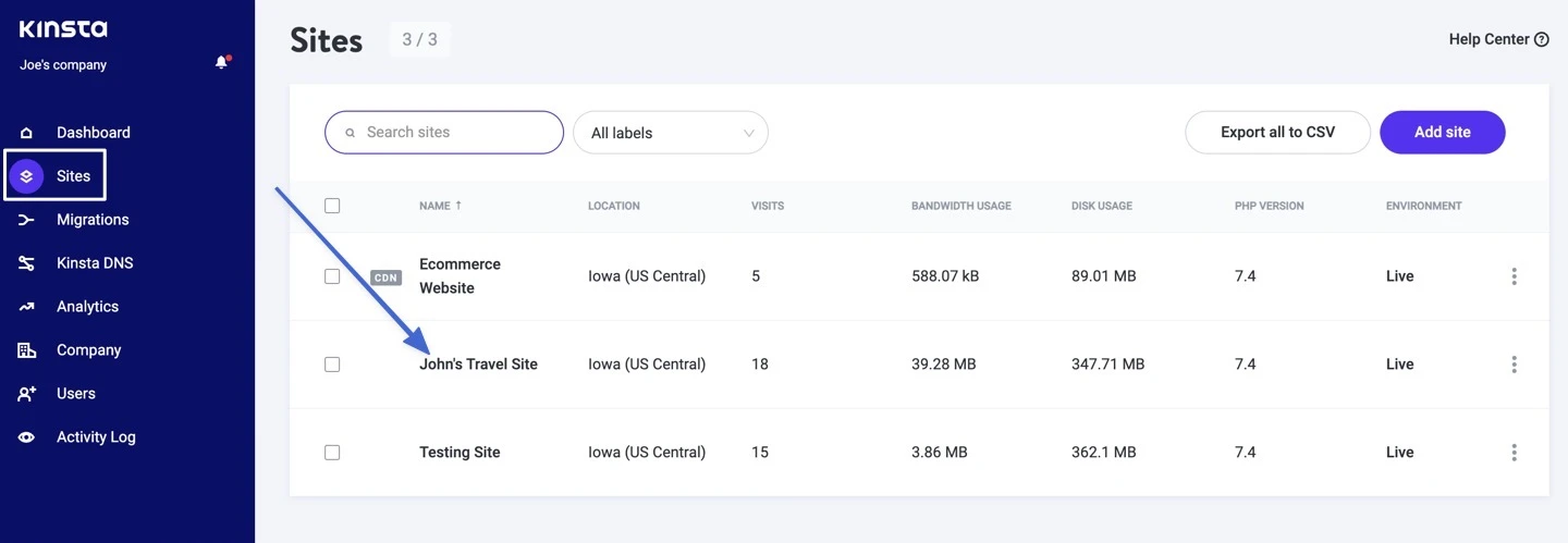 مثال للذهاب إلى موقع في kinsta