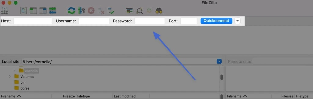 الحقول لملء بيانات الاعتماد لـ FTP