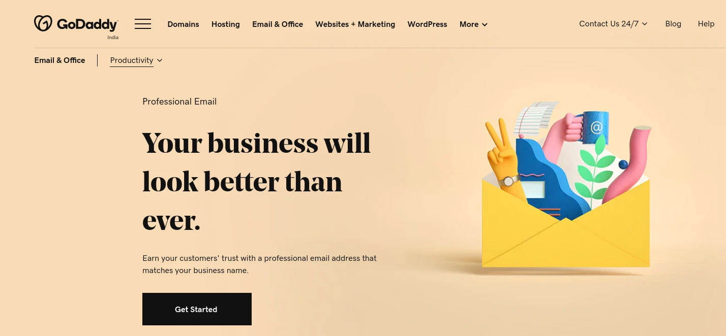 GoDaddy 专业电子邮件页面。