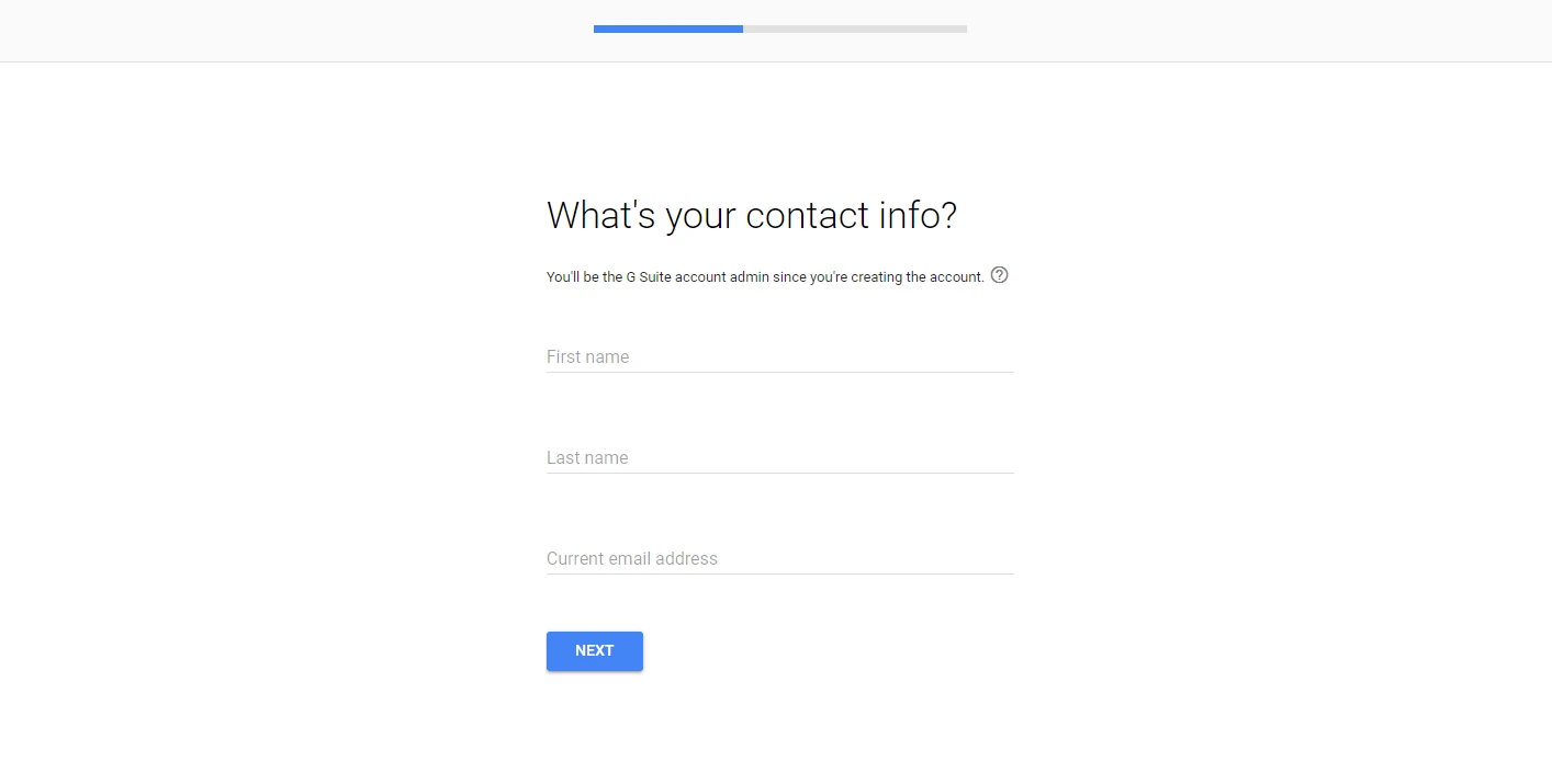 G Suite 设置向导中的联系信息页面。