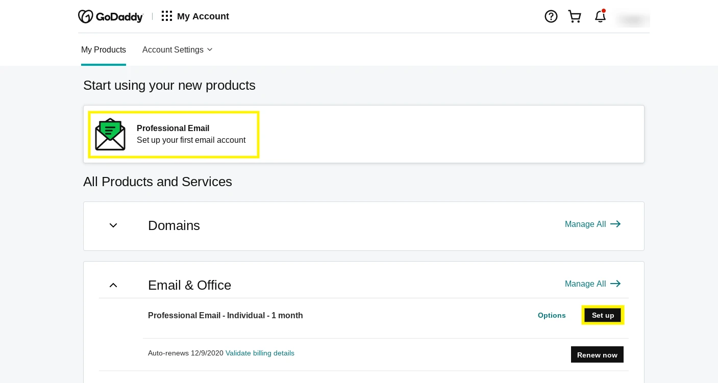 GoDaddy 帐户仪表板的“我的产品”页面。