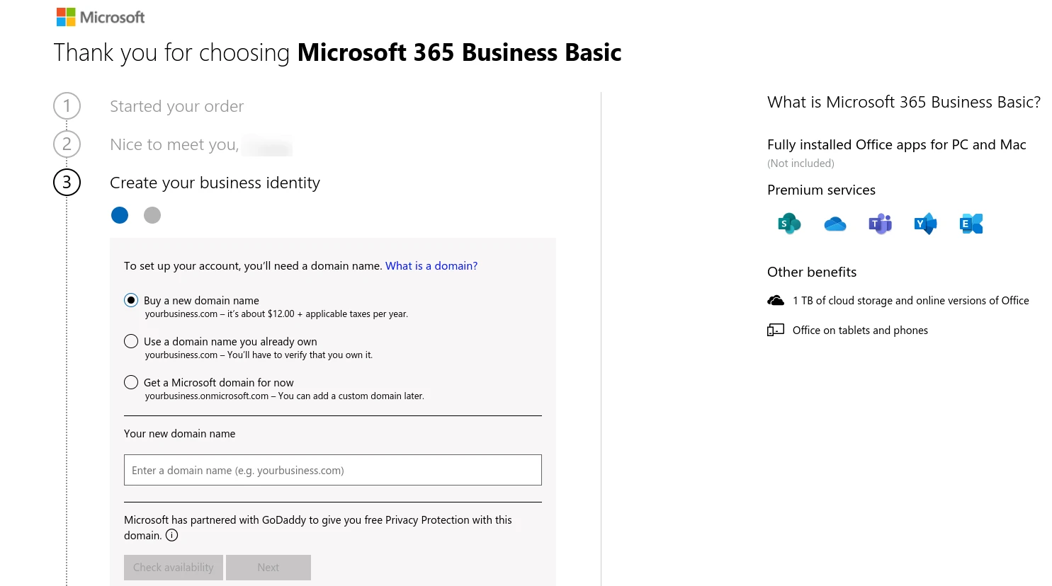 使用域名创建 Microsoft 365 企业电子邮件地址的选项。